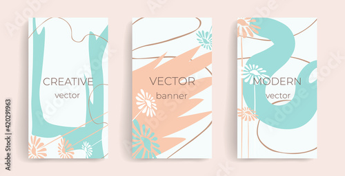 Design template for social media posts, stories, banners, mobile apps, web and internet ads. Vector layout with copy space for text, abstract shapes, doodle style flowers. Stylish design concept