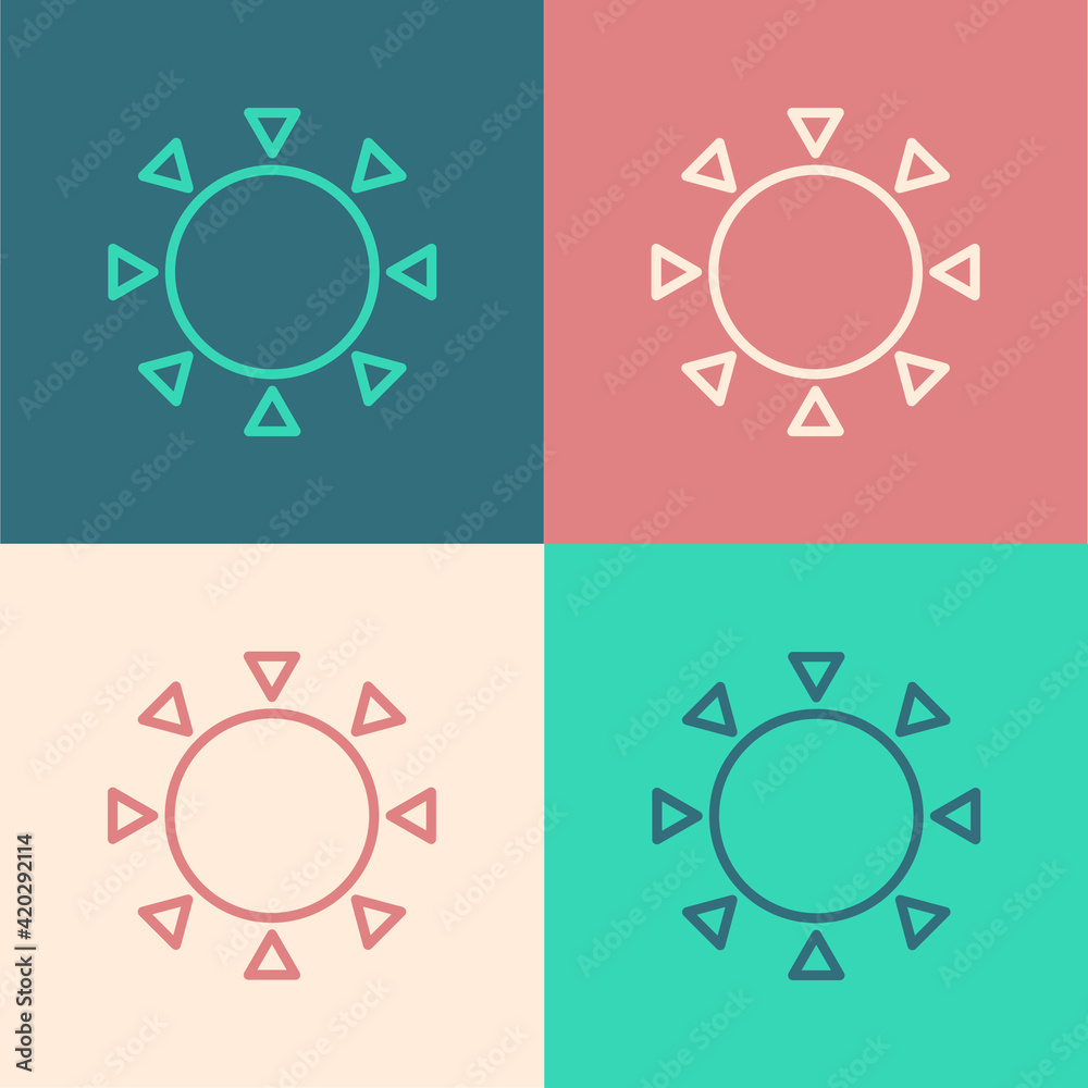Pop art line Sun icon isolated on color background. Summer symbol. Good sunny day. Vector
