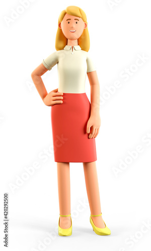 Wallpaper Mural 3D illustration of standing beautiful blonde woman holding hand on her waist. Portrait of cartoon smiling elegant attractive businesswoman in red skirt, isolated on white. Torontodigital.ca