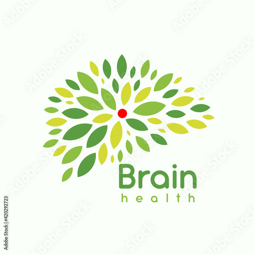 Green leaves brain, logo concept. Psychotherapist logotype. Creative head, genius brain with fresh, smart thoughts and idea. Herbal brain bio additive. Imagination abstract icon, vector illustration