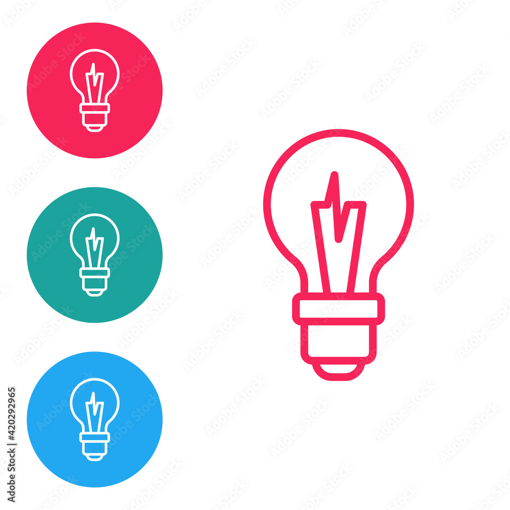 Red line Light bulb with concept of idea icon isolated on white background. Energy and idea symbol. Inspiration concept. Set icons in circle buttons. Vector Red line Light bulb with concept of idea icon isolated on white background. Energy and idea symbol. Inspiration concept. Set icons in circle buttons. Vector