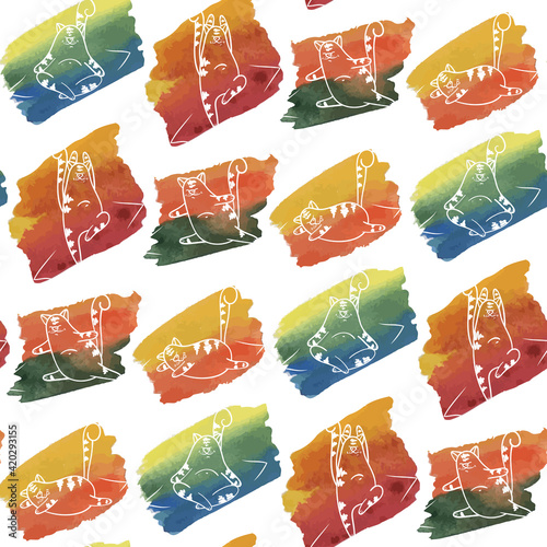 Pattern with yoga cats with white outline and watercolor background. Animalistic vector background. Multicolor. Can be used for wallpapers, pattern fills, textile