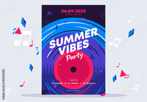 Vector illustration poster template for disco summer party vibes, vinyl retro disc