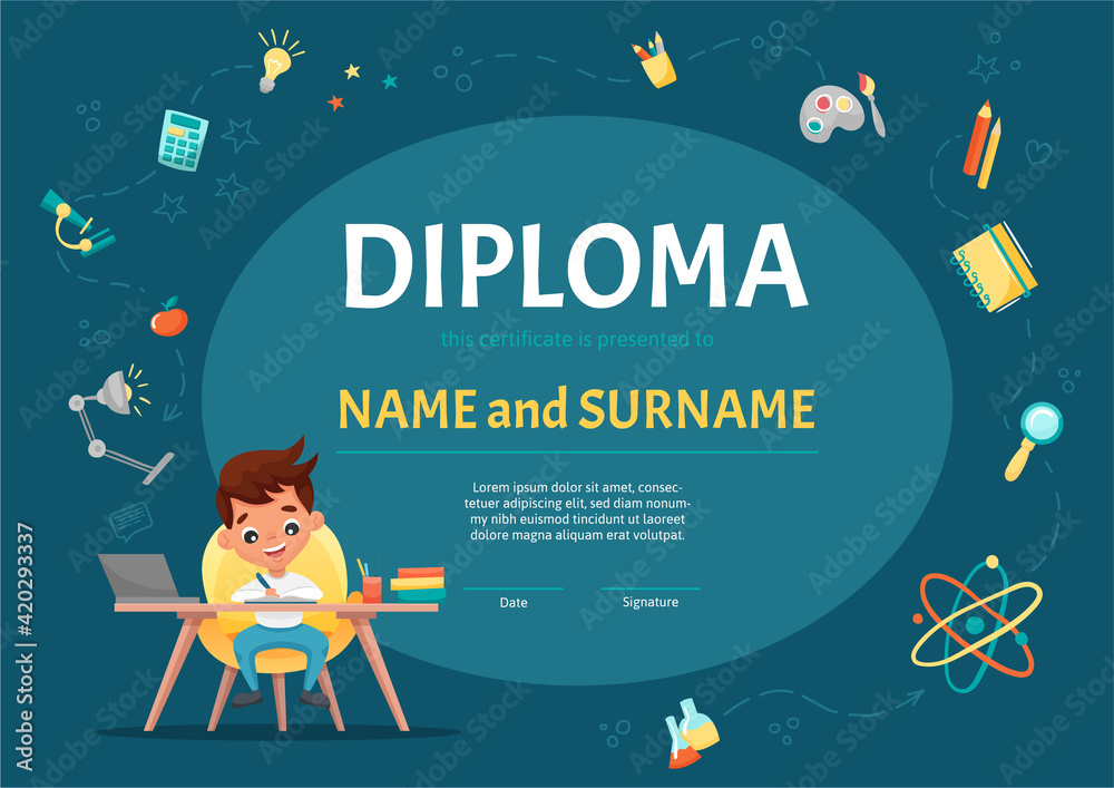 Plakat Certificate kids diploma for kindergarten or Elementary Preschool with a cute boy sitting at the table and making the homework on background with hand-drawn elements. Vector cartoon flat illustration
