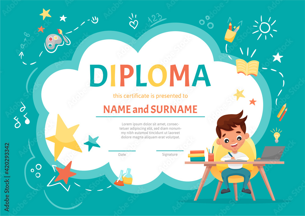 Online certificate kids diploma for kindergarten or Elementary Preschool with a cute boy sitting at the table and making homework on background with hand-drawn elements. Vector cartoon illustration Online certificate kids diploma for kindergarten or Elementary Preschool with a cute boy sitting at the table and making homework on background with hand-drawn elements. Vector cartoon illustration