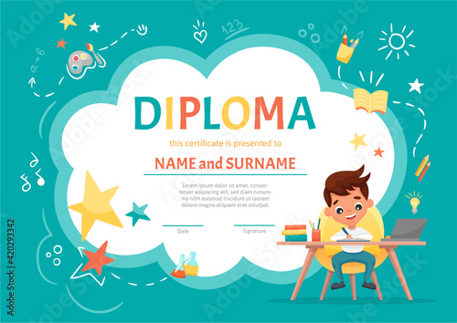 Online certificate kids diploma for kindergarten or Elementary Preschool with a cute boy sitting at the table and making homework on background with hand-drawn elements. Vector cartoon illustration