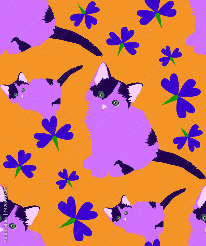 cat and flowers pattern for print textures illustration