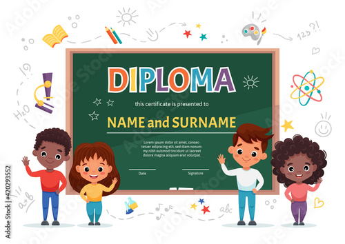 School kids Diploma certificate template with cute happy children of different nationalities on white background with green chalkboard and doodle school elements. Vector cartoon flat illustration