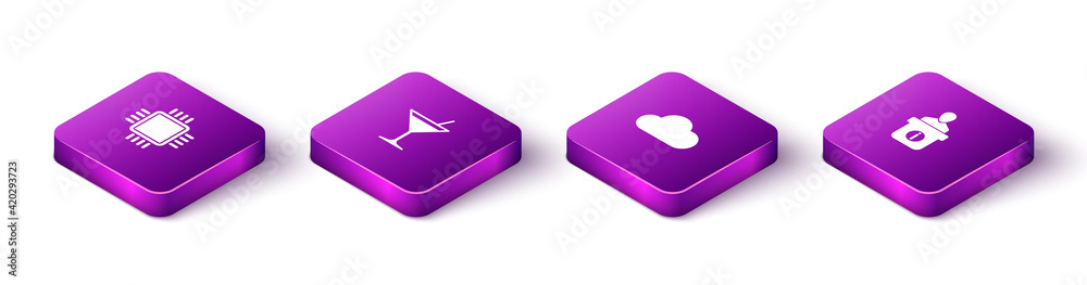 Set Isometric Processor with CPU, Martini glass, Cloud and Information desk icon. Vector Set Isometric Processor with CPU, Martini glass, Cloud and Information desk icon. Vector