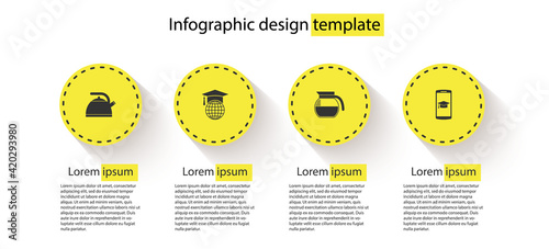 Set Kettle with handle, Graduation cap on globe, Coffee pot and mobile. Business infographic template. Vector