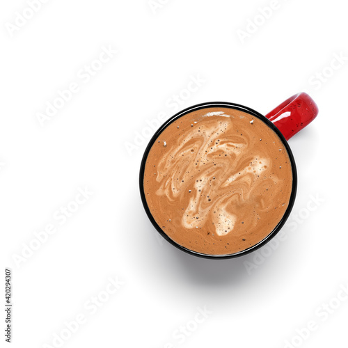 Coffee in a mug isolated on white background. View from above.