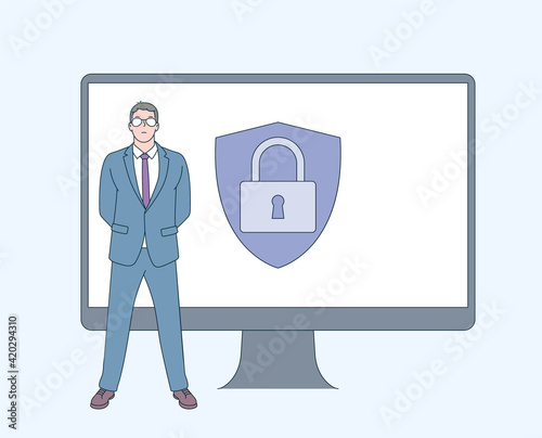 Cyber security, data protection, cyberattacks concept. Personal digital security. Defence, protection from hackers, scammers flat vector illustration.