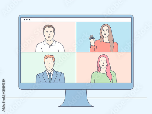Video conferencing and online communication vector concept. Group of people business parters having distant online meeting conference on laptop. Flat vector illustration