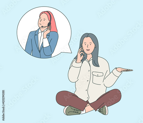 Clients assistance, call center, hotline operator concept. Woman mobile conversation with support young woman operator consultant with headset.