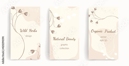 Organic design template. Vector layout for social media post  story  banner  mobile  web  ad. Design with copy space for text  abstract shapes  flowers. Stylish natural colors  brown  beige  white