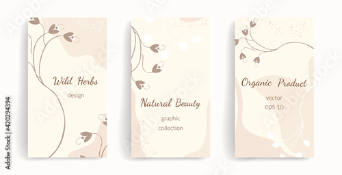 Organic design template. Vector layout for social media post, story, banner, mobile, web, ad. Design with copy space for text, abstract shapes, flowers. Stylish natural colors, brown, beige, white