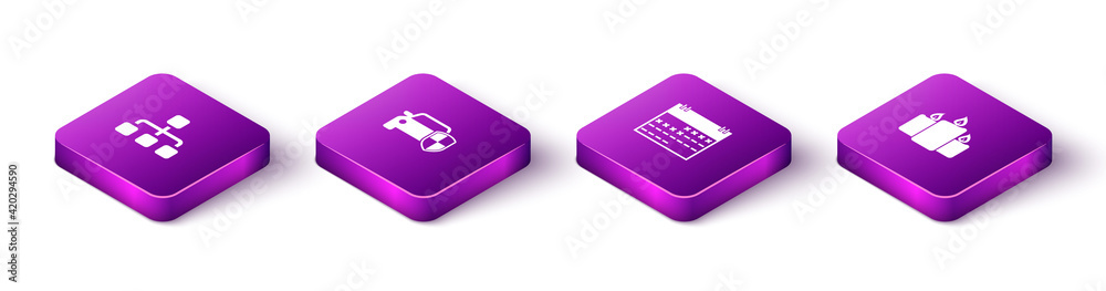 Set Isometric Hierarchy organogram chart, Car protection insurance, Calendar and Burning candles icon. Vector Set Isometric Hierarchy organogram chart, Car protection insurance, Calendar and Burning candles icon. Vector