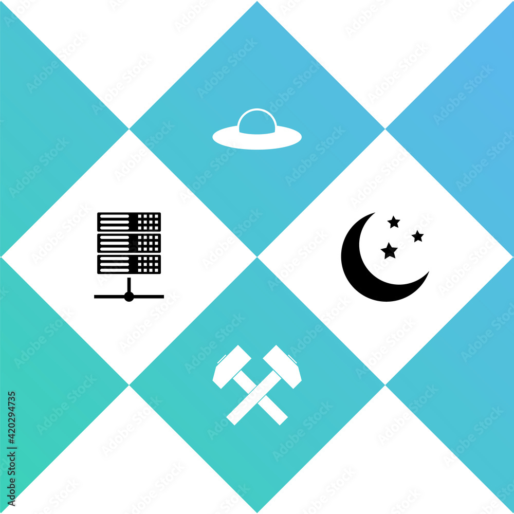 Set Server, Data, Web Hosting, Two crossed hammers, UFO flying spaceship and Moon and stars icon. Vector