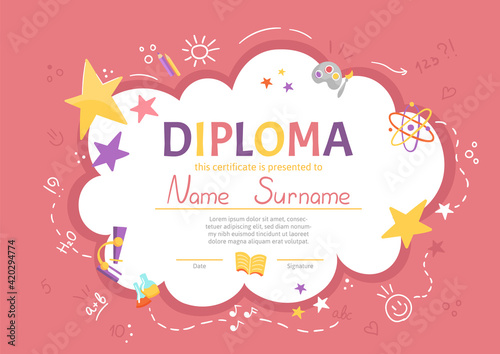 Colorful school and preschool diploma certificate for kids and children in kindergarten or primary grades with school pack, kit on pink background. Vector cartoon flat illustration