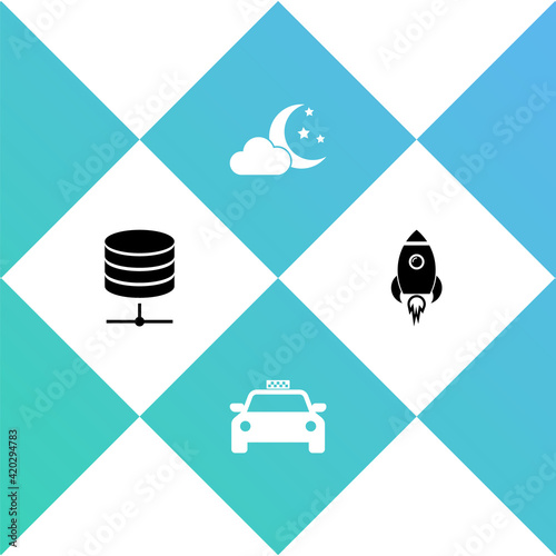 Set Server, Data, Web Hosting, Taxi car, Cloud with moon and stars and Rocket ship fire icon. Vector