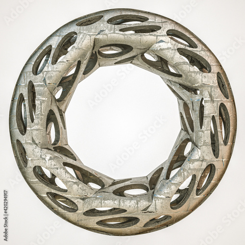 abstract three-dimensional gray ring with holes on a white background. textured gray torus. 3d render illustration
