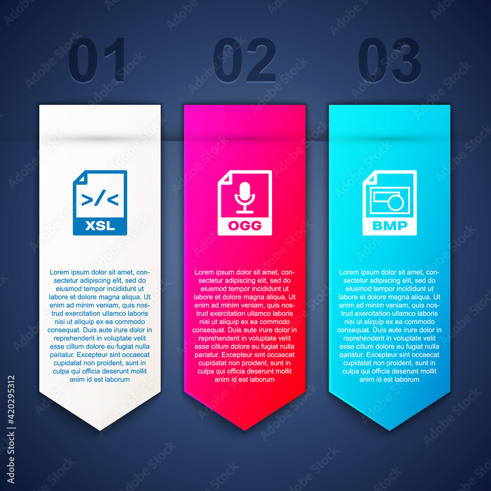 Set XSL file document, OGG and BMP. Business infographic template. Vector Set XSL file document, OGG and BMP. Business infographic template. Vector