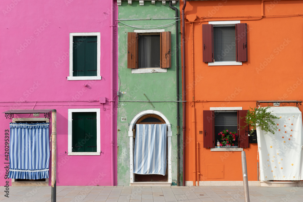 Burano island, characteristic view of colorful houses, Venice lagoon, Italy, Europe