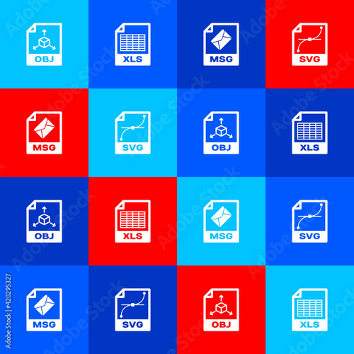 Set OBJ file document, XLS, MSG and SVG icon. Vector