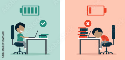 Vector of a happy energetic boy vs exhausted sleepy child