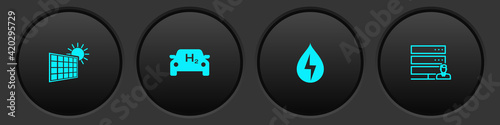 Set Solar energy panel and sun, Hydrogen car, Water and Customer care server icon. Vector