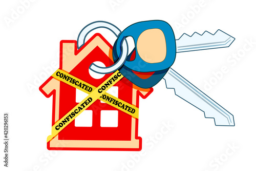 House keyring and key with yellow warning tapes isolated on white background. House is labelled as confiscated. Housing bubble and mortgage crisis concept. Real estate seize. Stock vector illustration