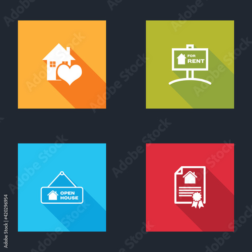 Set House with heart shape, Hanging sign For Rent, Open house and contract icon. Vector