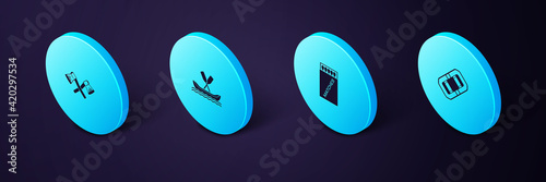 Set Isometric Rafting boat, Open matchbox and matches, and Crossed wooden axe icon. Vector