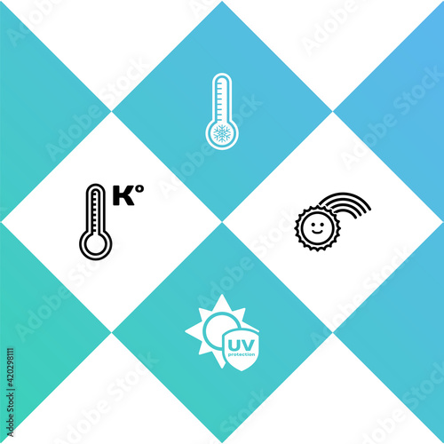 Set Meteorology thermometer, UV protection, and Rainbow with sun icon. Vector