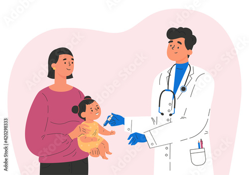 Fototapeta Naklejka Na Ścianę i Meble -  Male doctor makes a vaccine to a child. Concept illustration for immunity health. Woman with baby in hospital. Doctor in a medical gown and gloves. Flat illustration isolated on white background. 