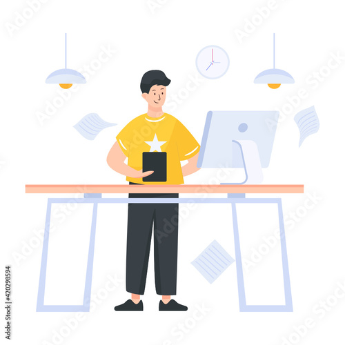 
An employee in new workplace, editable illustration

