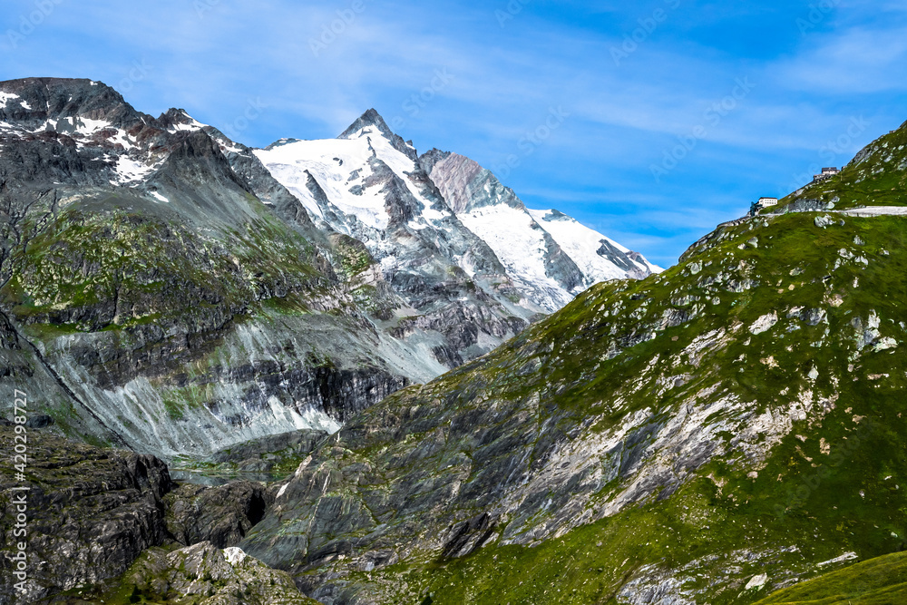 Mountain Pass And High Alpine Road In National Park Hohe Tauern With Mountain Peak Grossglockner