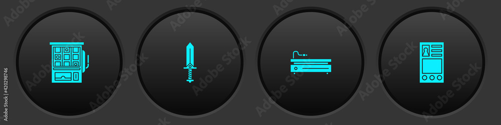 Set Slot machine, Sword for game, Video console and Create account screen icon. Vector Set Slot machine, Sword for game, Video console and Create account screen icon. Vector