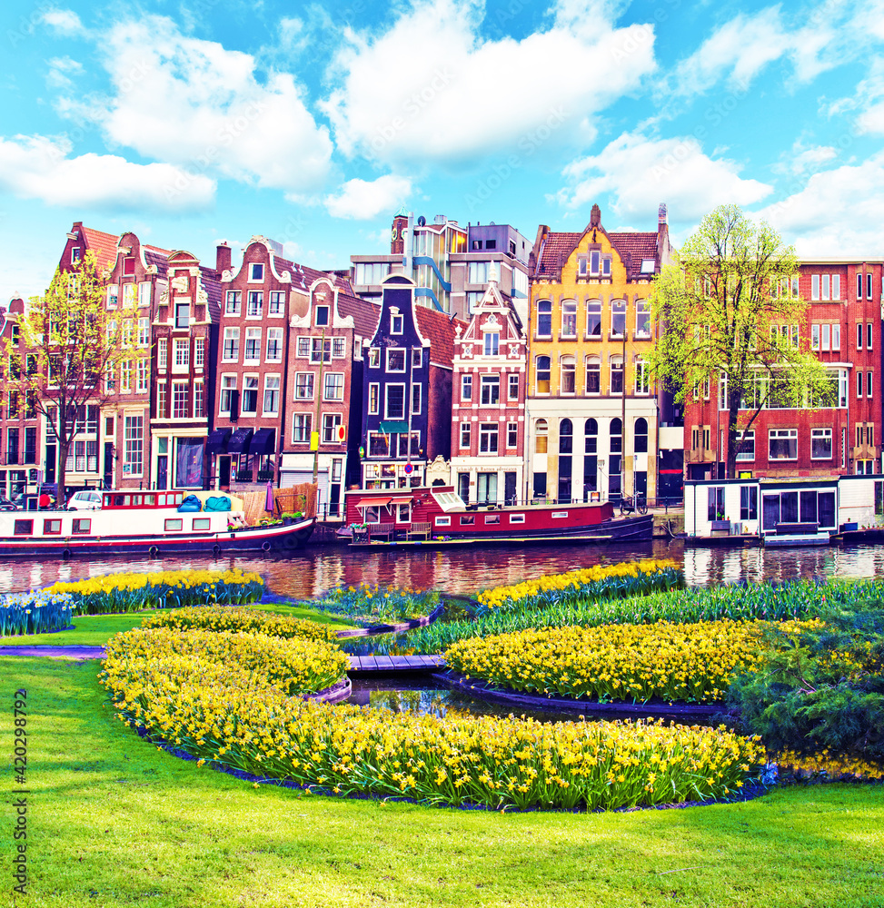 Beautiful magic spring landscape in Amsterdam, Holland. amazing places. popular tourist atraction
