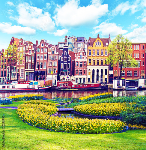 Obraz na płótnie Beautiful magic spring landscape in Amsterdam, Holland. amazing places. popular tourist atraction w salonie