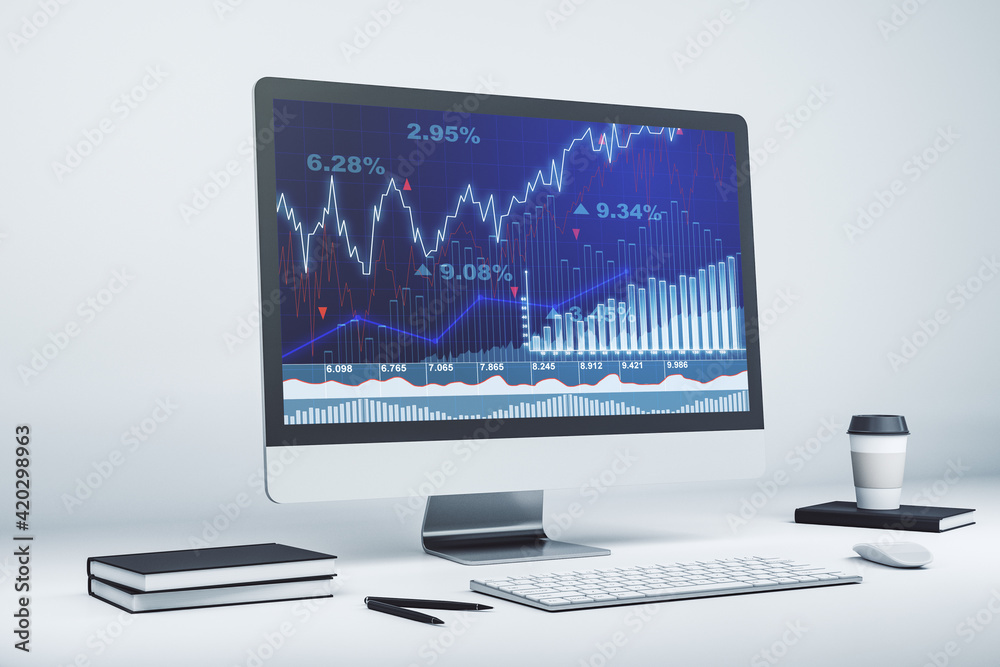 Modern computer screen with abstract creative financial chart, research and analytics concept. 3D Rendering Modern computer screen with abstract creative financial chart, research and analytics concept. 3D Rendering