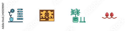 Set Flower status, Smart farming technology, and Plant icon. Vector