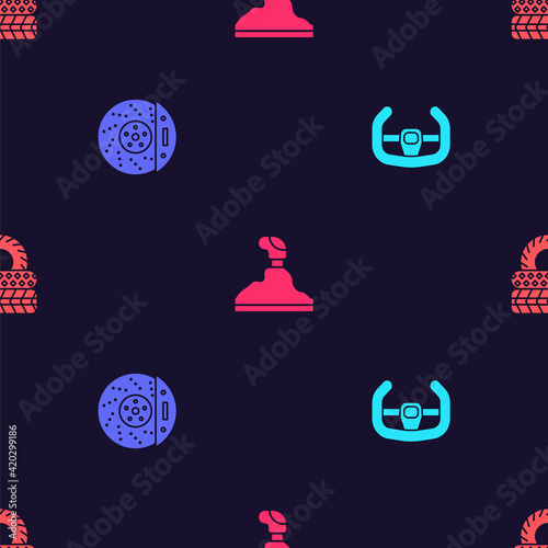 Set Sport steering wheel, Car brake disk with caliper, Gear shifter and tire on seamless pattern. Vector
