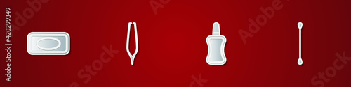 Set Bar of soap, Eyebrow tweezers, Nail polish bottle and Cotton swab for ears icon. Vector