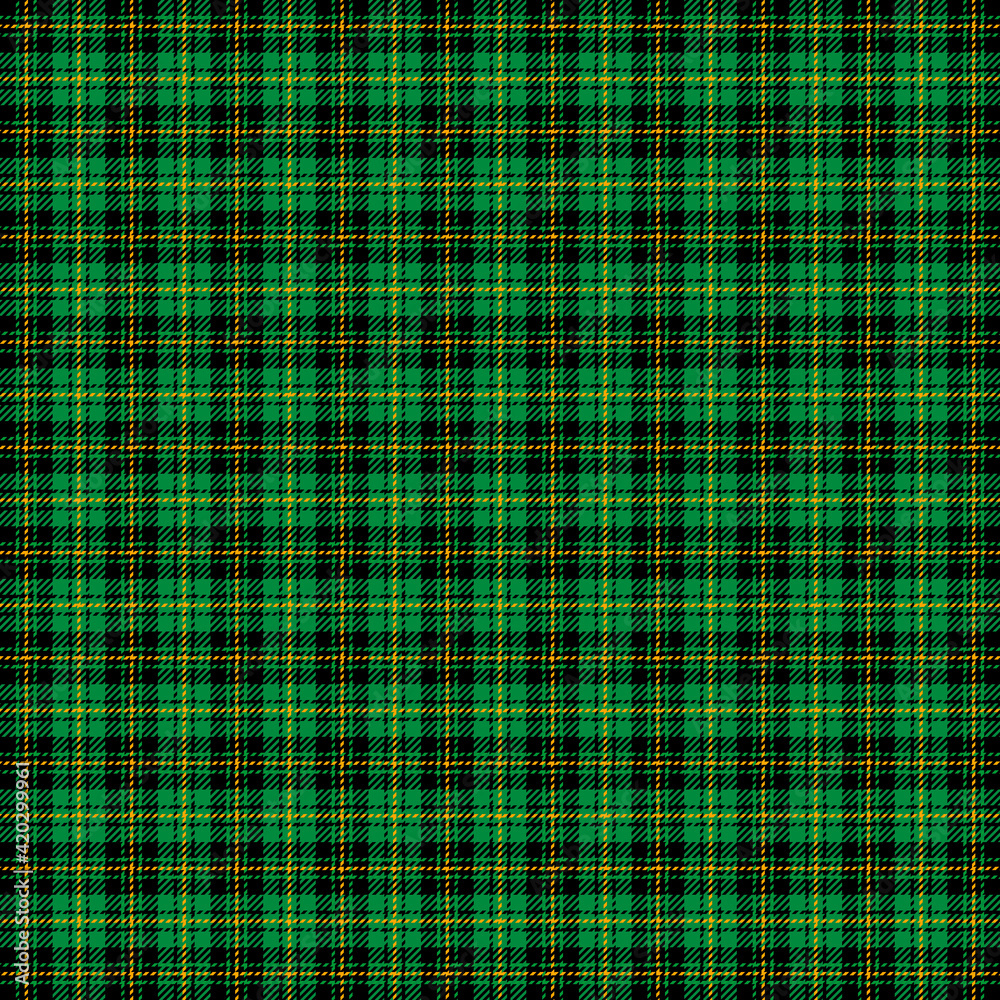 Fototapeta premium St. Patricks day tartan plaid. Scottish pattern in green and orange cage. Scottish cage. Traditional Scottish checkered background. Seamless fabric texture. Vector illustration