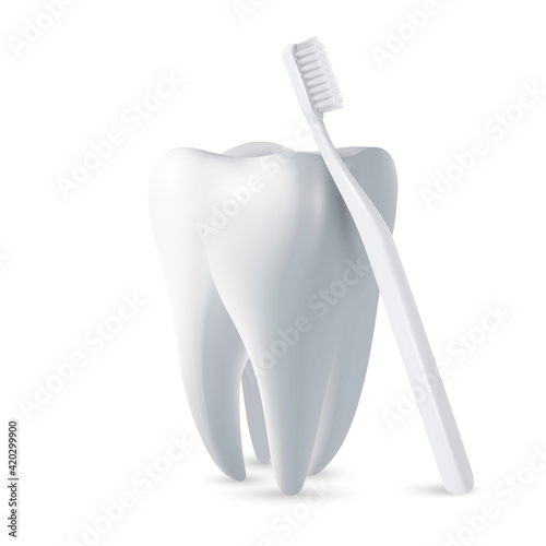Vector 3d Realistic Toothbrush and Tooth Closeup Isolated on White Background. Medical Dentist Illustration. Design Template, Clipart, Mockup. Dental Health Concept