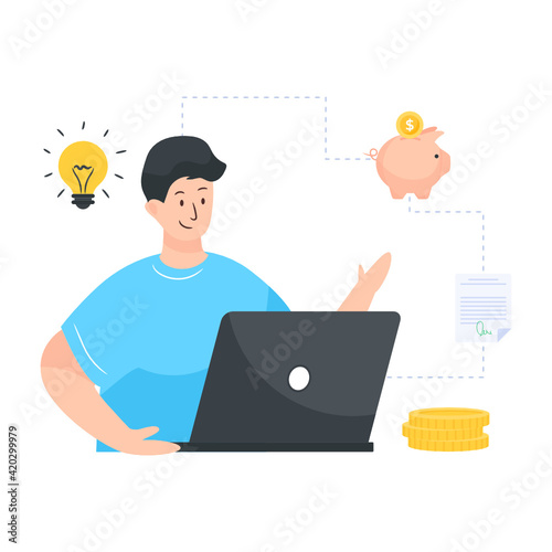 
Man on a laptop, a flat illustration of investor


