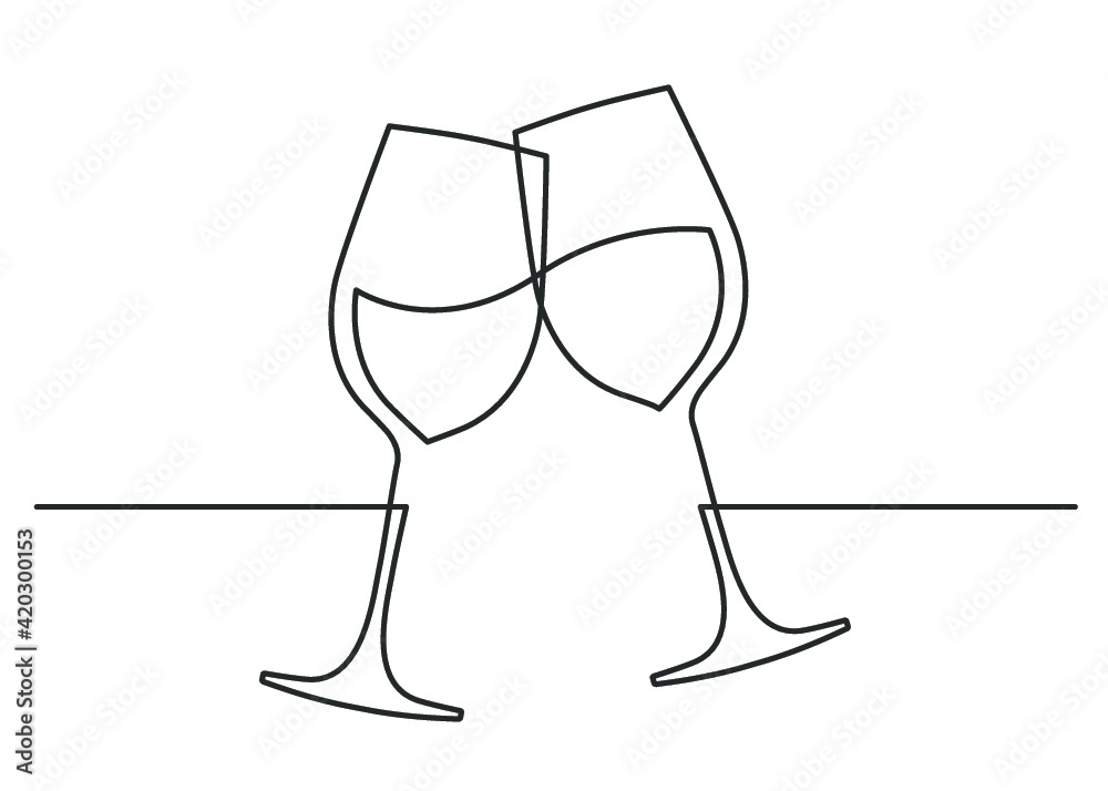 Continuous one line drawing of cheers two wine glasses. Vector