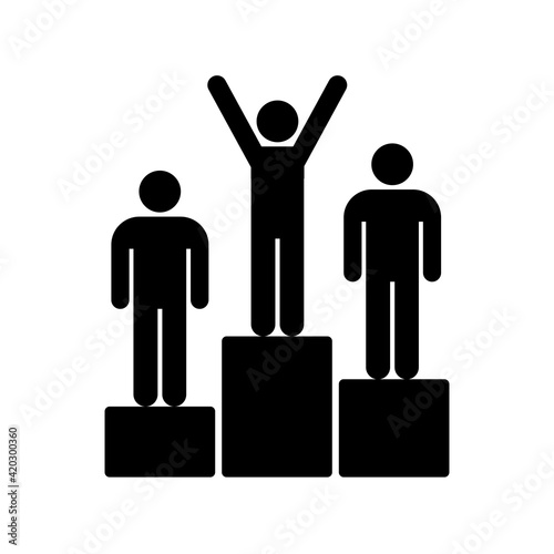 Three athletes on a pedestal icon. Awards ceremony. Man standing on sport winners pedestal sign - stock vector