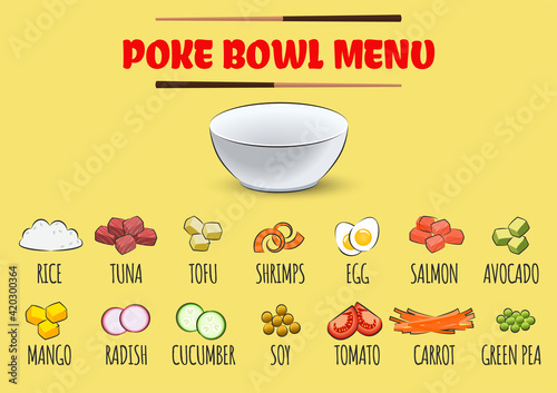 Set of poke bowl ingredients. Create own recipe of poke bowl